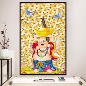 Tranh Treo Tường Tráng Gương Pha Lê Cao Cấp Phật Di Lặc Cầm Thỏi Vàng Trang Trí Phòng Khách Sang Trọng Hiện Đại CN078