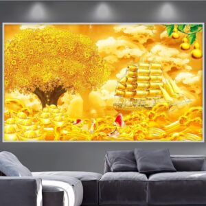 Tranh Treo Tường Tráng Gương Pha Lê Cao Cấp Thuận Buồm Xuôi Gió Và Cây Tài Lộc Trang Trí Phòng Khách Sang Trọng Hiện Đại CN081