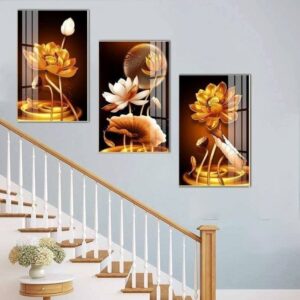 Tranh Treo Tường Tráng Gương Pha Lê Cao Cấp Sen Vàng Tài Lộc Trang Trí Cầu Thang Sang Trọng Hiện Đại TBB017