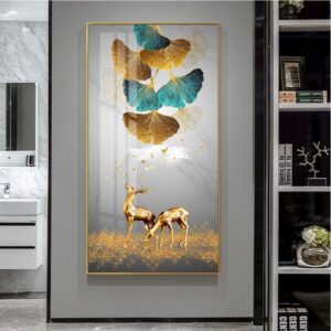 Tranh Treo Tường Tráng Gương Pha Lê Cao Cấp Hươu Tài Lộc Trang Trí Phòng Khách Sang Trọng Hiện Đại CN047