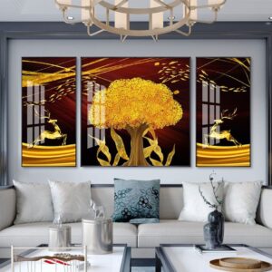 Tranh Treo Tường Tráng Gương Pha Lê Cao Cấp Tranh bộ 3 nai vàng Trang Trí Phòng Khách, Hiện Đại TB129765
