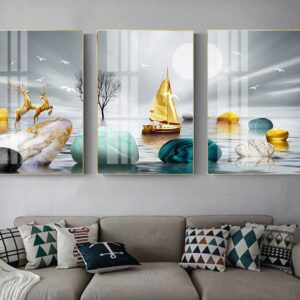 Tranh Treo Tường Tráng Gương Pha Lê Cao Cấp Tranh bộ 3 nai vàng Trang Trí Phòng Khách Hiện Đại TB1370877