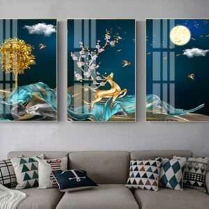 Tranh Treo Tường Tráng Gương Pha Lê Cao Cấp Tranh bộ 3 nai vàng Trang Trí Phòng Khách Hiện Đại TB1379448