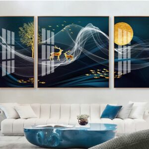 Tranh Treo Tường Tráng Gương Pha Lê Cao Cấp Tranh bộ 3 nai vàng Trang Trí Phòng Khách, Hiện Đại TB1379453