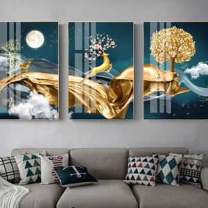 Tranh Treo Tường Tráng Gương Pha Lê Cao Cấp Tranh cây kim tiền, nai vàng Trang Trí Phòng Khách Hiện Đại KT05