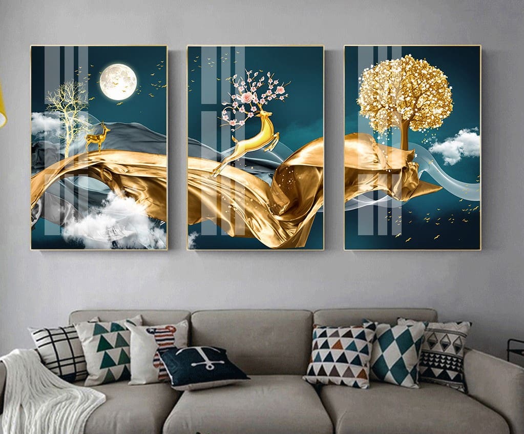 Tranh Treo Tường Tráng Gương Pha Lê Cao Cấp Tranh cây kim tiền, nai vàng Trang Trí Phòng Khách Hiện Đại KT05