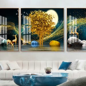 Tranh Treo Tường Tráng Gương Pha Lê Cao Cấp Tranh bộ 3 nai vàng Trang Trí Phòng Khách, Hiện Đại TB1379470
