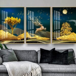 Tranh Treo Tường Tráng Gương Pha Lê Cao Cấp Tranh bộ 3 nai vàng Trang Trí Phòng Khách, Hiện Đại TB1379704