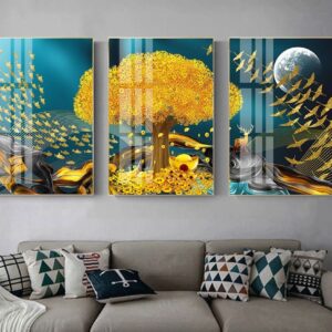 Tranh Treo Tường Tráng Gương Pha Lê Cao Cấp Tranh Cây kim tiền nai vàng Trang Trí Phòng Khách Hiện Đại KT06