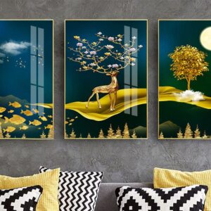 Tranh Treo Tường Tráng Gương Pha Lê Cao Cấp Tranh bộ 3 nai vàng Trang Trí Phòng Khách Hiện Đại TB1379714