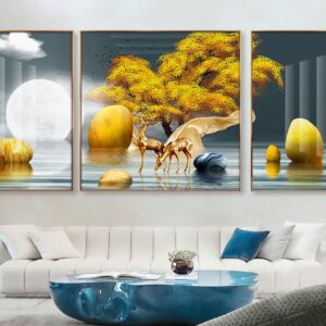 Tranh Treo Tường Tráng Gương Pha Lê Cao Cấp Tranh bộ 3 nai vàng Trang Trí Phòng Khách Hiện Đại TB1892861