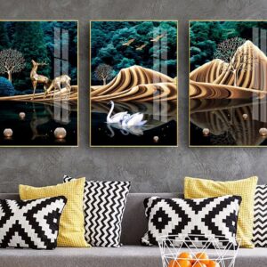 Tranh Treo Tường Tráng Gương Pha Lê Cao Cấp Tranh bộ 3 nai vàng Trang Trí Phòng Khách Hiện Đại TB231843