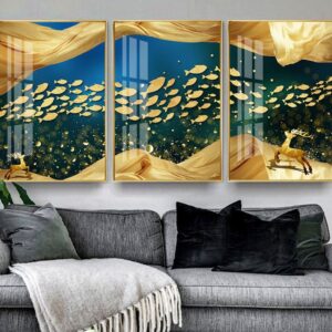 Tranh Treo Tường Tráng Gương Pha Lê Cao Cấp Tranh bộ 3 nai vàng Trang Trí Phòng Khách Hiện Đại TB34789
