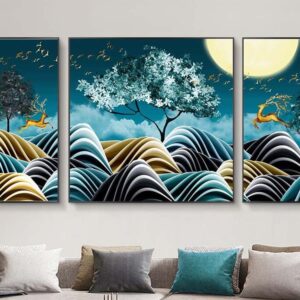 Tranh Treo Tường Tráng Gương Pha Lê Cao Cấp Tranh bộ 3 nai vàng Trang Trí Phòng Khách, Hiện Đại TB78068