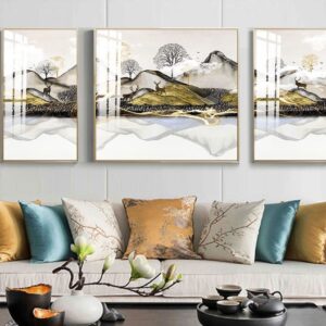 Tranh Treo Tường Tráng Gương Pha Lê Cao Cấp Tranh bộ 3 nai vàng Trang Trí Phòng Khách, Hiện Đại TB91377