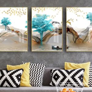 Tranh Treo Tường Tráng Gương Pha Lê Cao Cấp Tranh bộ 3 nai vàng Trang Trí Phòng Khách, Hiện Đại TB93049