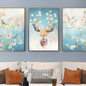 Tranh Treo Tường Tráng Gương Pha Lê Cao Cấp Tranh bộ 3 nai vàng Trang Trí Phòng Khách Hiện Đại TB94539