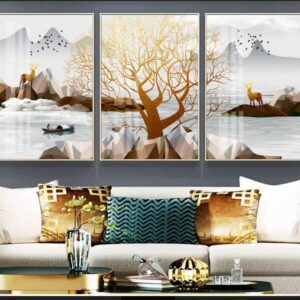 Tranh Treo Tường Tráng Gương Pha Lê Cao Cấp Tranh bộ 3 nai vàng Trang Trí Phòng Khách Hiện Đại SNO239104