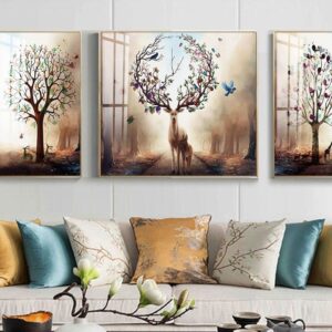 Tranh Treo Tường Tráng Gương Pha Lê Cao Cấp Tranh bộ 3 nai vàng Trang Trí Phòng Khách Hiện Đại SNO239123