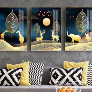 Tranh Treo Tường Tráng Gương Pha Lê Cao Cấp Tranh Bộ 3 Nai Vàng Trang Trí Phòng Khách Hiện Đại SNO239175