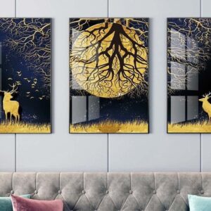 Tranh Treo Tường Tráng Gương Pha Lê Cao Cấp Tranh Bộ 3 Nai Vàng Trang Trí Phòng Khách Hiện Đại SNO239179