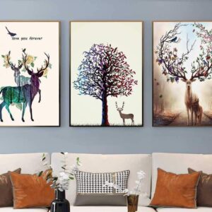 Tranh Treo Tường Tráng Gương Pha Lê Cao Cấp Tranh Bộ 3 Nai Vàng Trang Trí Phòng Khách Hiện Đại SNO239186