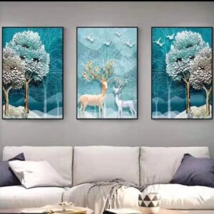 Tranh Treo Tường Tráng Gương Pha Lê Cao Cấp Tranh Bộ 3 Nai Vàng Trang Trí Phòng Khách Hiện Đại SNO239195