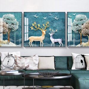 Tranh Treo Tường Tráng Gương Pha Lê Cao Cấp Tranh bộ 3 nai vàng Trang Trí Phòng Khách Hiện Đại SNO239196