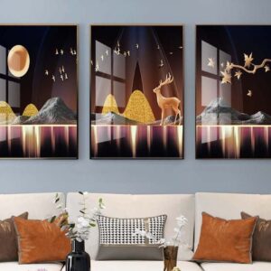 Tranh Treo Tường Tráng Gương Pha Lê Cao Cấp Tranh Bộ 3 Nai Vàng Trang Trí Phòng Khách Hiện Đại SNO239211