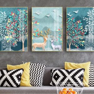 Tranh Treo Tường Tráng Gương Pha Lê Cao Cấp Tranh bộ 3 nai vàng Trang Trí Phòng Khách Hiện Đại TB23938