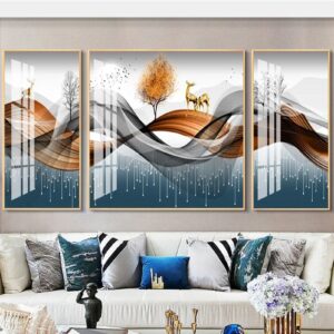 Tranh Treo Tường Tráng Gương Pha Lê Cao Cấp Tranh bộ 3 nai vàng Trang Trí Phòng Khách Hiện Đại SNO239396