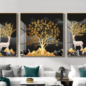 Tranh Treo Tường Tráng Gương Pha Lê Cao Cấp Tranh bộ 3 nai vàng Trang Trí Phòng Khách Hiện Đại SNO239411