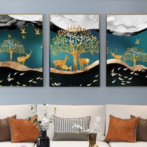 Tranh Treo Tường Tráng Gương Pha Lê Cao Cấp Tranh bộ 3 nai vàng Trang Trí Phòng Khách Hiện Đại SNO23950