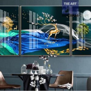 Tranh Treo Tường Tráng Gương Pha Lê Cao Cấp Tranh bộ 3 nai vàng Trang Trí Phòng Khách Hiện Đại SNO239534