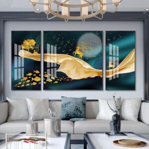 Tranh Treo Tường Tráng Gương Pha Lê Cao Cấp Tranh bộ 3 nai vàng Trang Trí Phòng Khách Hiện Đại SNO239577