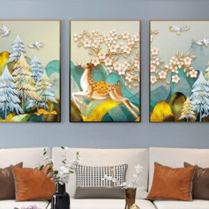 Tranh Treo Tường Tráng Gương Pha Lê Cao Cấp Tranh Bộ 3 Nai Vàng Trang Trí Phòng Khách Hiện Đại SNO239583