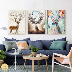 Tranh Treo Tường Tráng Gương Pha Lê Cao Cấp Tranh Bộ 3 Nai Vàng Trang Trí Phòng Khách Hiện Đại SNO239602