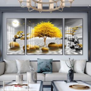 Tranh Treo Tường Tráng Gương Pha Lê Cao Cấp Tranh bộ 3 nai vàng Trang Trí Phòng Khách Hiện Đại SNO239617