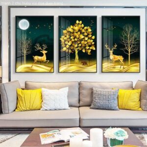 Tranh Treo Tường Tráng Gương Pha Lê Cao Cấp Tranh Cây Kim Tiền Nai Vàng Trang Trí Phòng Khách Hiện Đại KT02