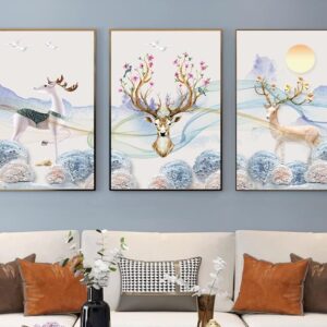 Tranh Treo Tường Tráng Gương Pha Lê Cao Cấp Tranh bộ 3 nai vàng Trang Trí Phòng Khách Hiện Đại SNO239692