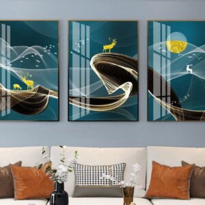 Tranh Treo Tường Tráng Gương Pha Lê Cao Cấp Tranh bộ 3 nai vàng Trang Trí Phòng Khách Hiện Đại SNO239711