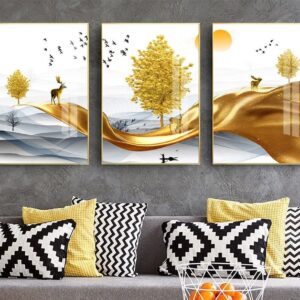 Tranh Treo Tường Tráng Gương Pha Lê Cao Cấp Tranh Bộ 3 Nai Vàng Trang Trí Phòng Khách Hiện Đại SNO239755