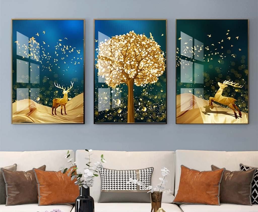 Tranh Treo Tường Tráng Gương Pha Lê Cao Cấp Tranh Cây kim tiền nai vàng Trang Trí Phòng Khách Hiện Đại KT01