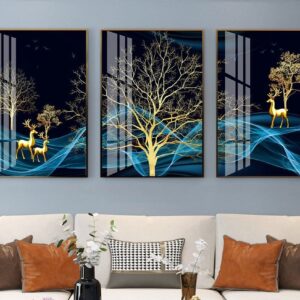Tranh Treo Tường Tráng Gương Pha Lê Cao Cấp Tranh bộ 3 nai vàng Trang Trí Phòng Khách Hiện Đại SNO239798