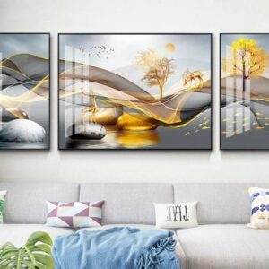 Tranh Treo Tường Tráng Gương Pha Lê Cao Cấp Tranh Bộ 3 Nai Vàng Trang Trí Phòng Khách, Hiện Đại HN005