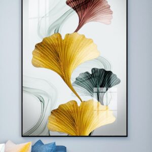 Tranh Treo Tường Tráng Gương Pha Lê Cao Cấp Tranh Lá Bạch Quả Trang Trí Phòng Khách Sang Trọng Hiện Đại BQ14