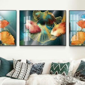 Tranh Treo Tường Tráng Gương Pha Lê Cao Cấp Tranh Lá Bạch Quả Trang Trí Phòng Khách Sang Trọng Hiện Đại BQ08