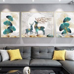 Tranh Treo Tường Tráng Gương Pha Lê Cao Cấp Tranh Bộ 3 Nai Vàng Trang Trí Phòng Khách, Hiện Đại HN0027