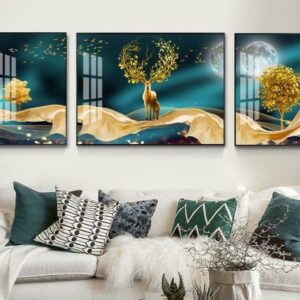 Tranh Treo Tường Tráng Gương Pha Lê Cao Cấp Tranh Bộ 3 Nai Vàng Trang Trí Phòng Khách, Hiện Đại HN0025