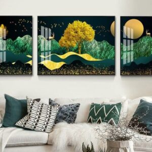 Tranh Treo Tường Tráng Gương Pha Lê Cao Cấp Tranh Bộ 3 Nai Vàng Trang Trí Phòng Khách, Hiện Đại HN0024